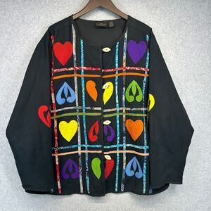 Vintage Allure Jacket Womens Size 3X Black Heart Colorful Applique Button Up